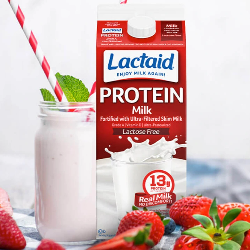 Strawberry milkshake with free weight and carton of Lactaid Protein Milk