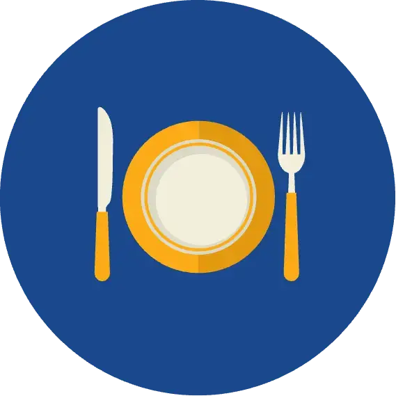 Illustration of plate with knife and fork on blue background.