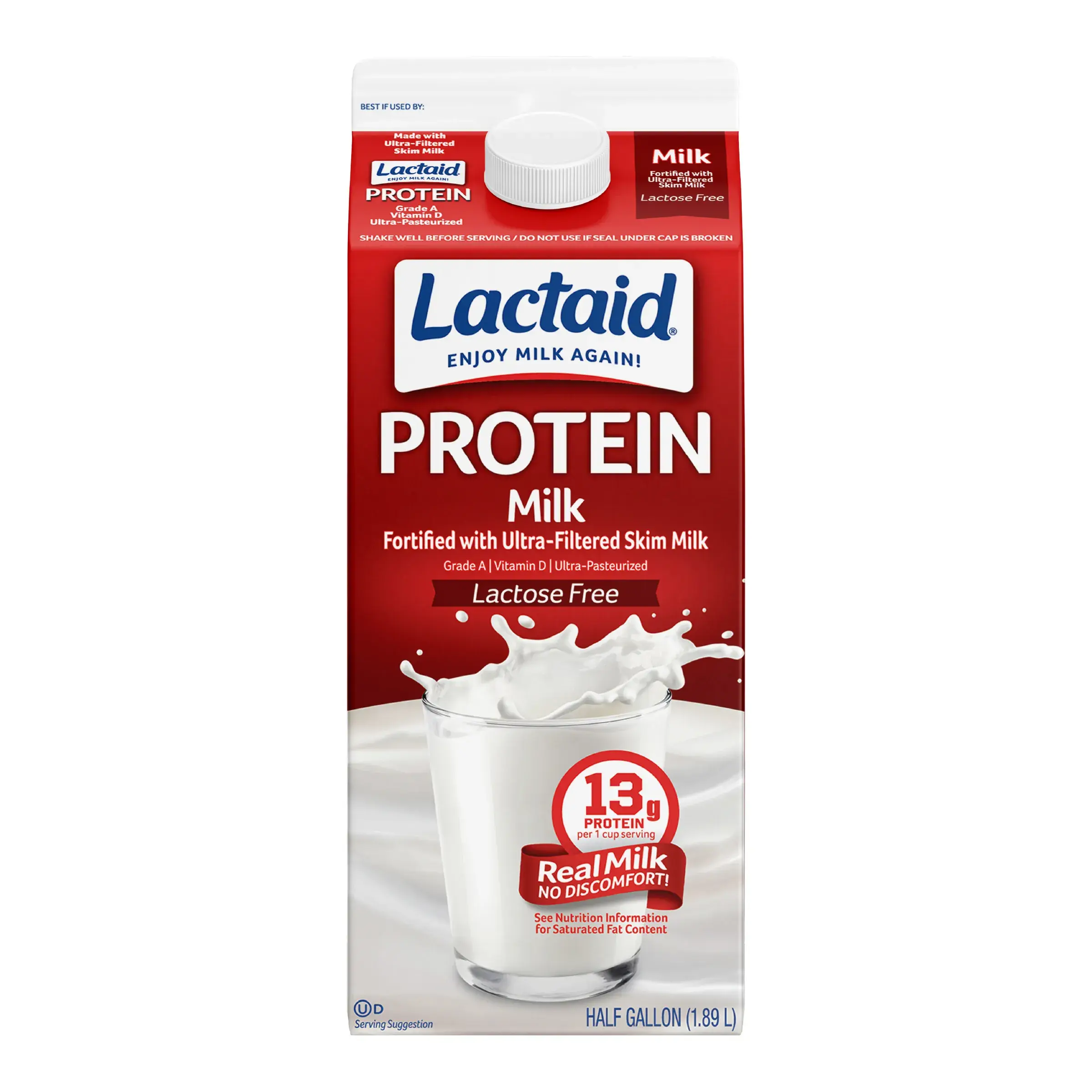 Front package of half-gallon LACTAID® Whole Milk carton with red, white, and blue design, showcasing a splash of milk and protein details