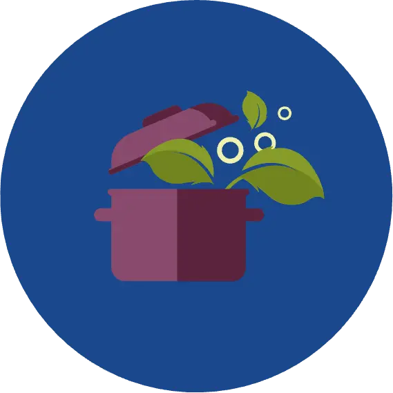 Illustration of a pot of soup boiling on blue background.