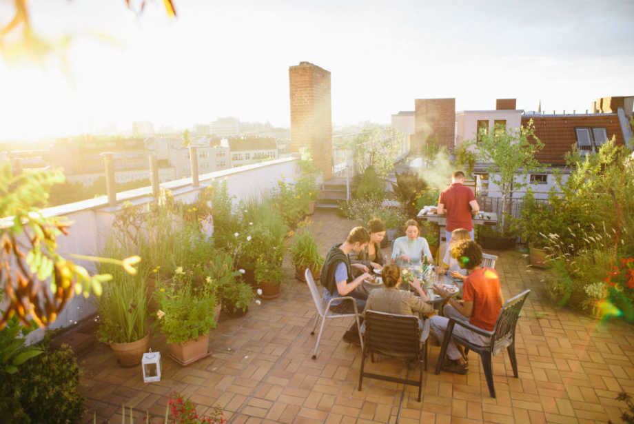 gemütliches Beisammensein mit der Familie oder Freunden auf der Dachterrasse eines Flachdaches mit verschiedenen Pflanzen