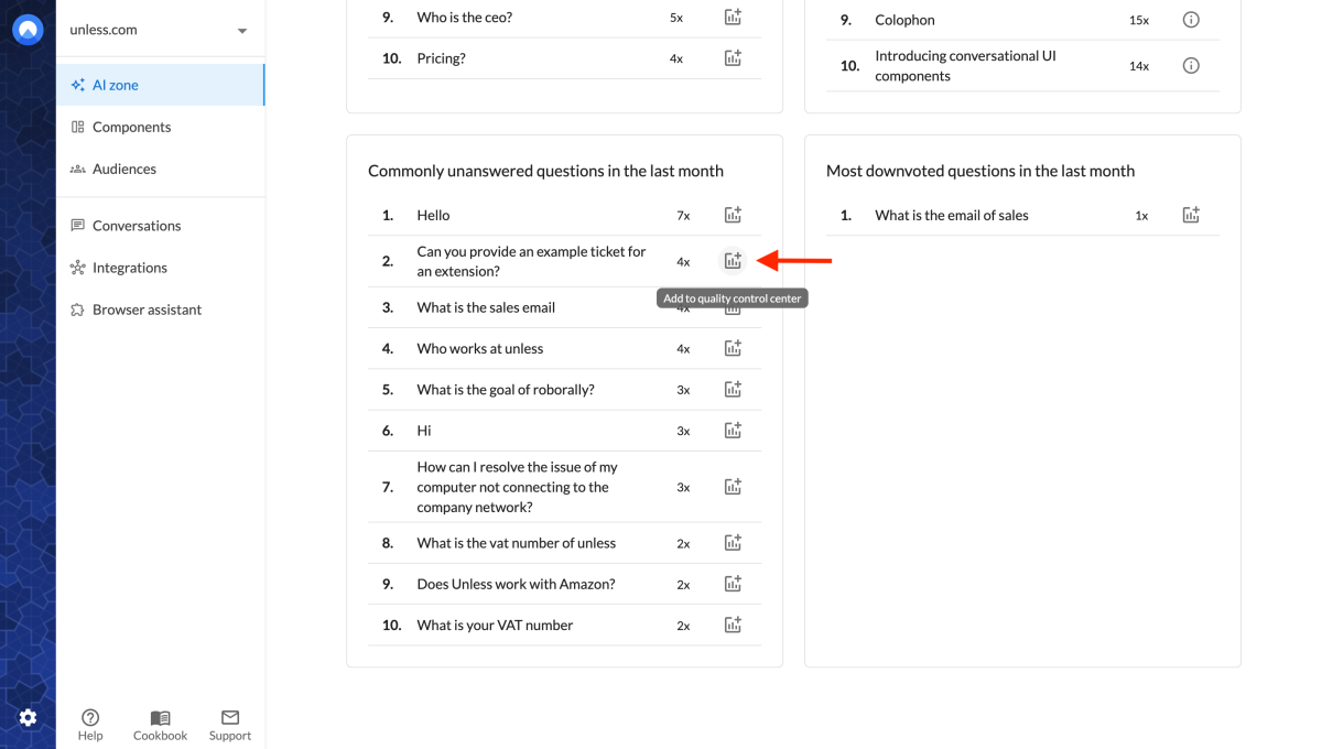 Add commonly unanswered questions to the quality control center