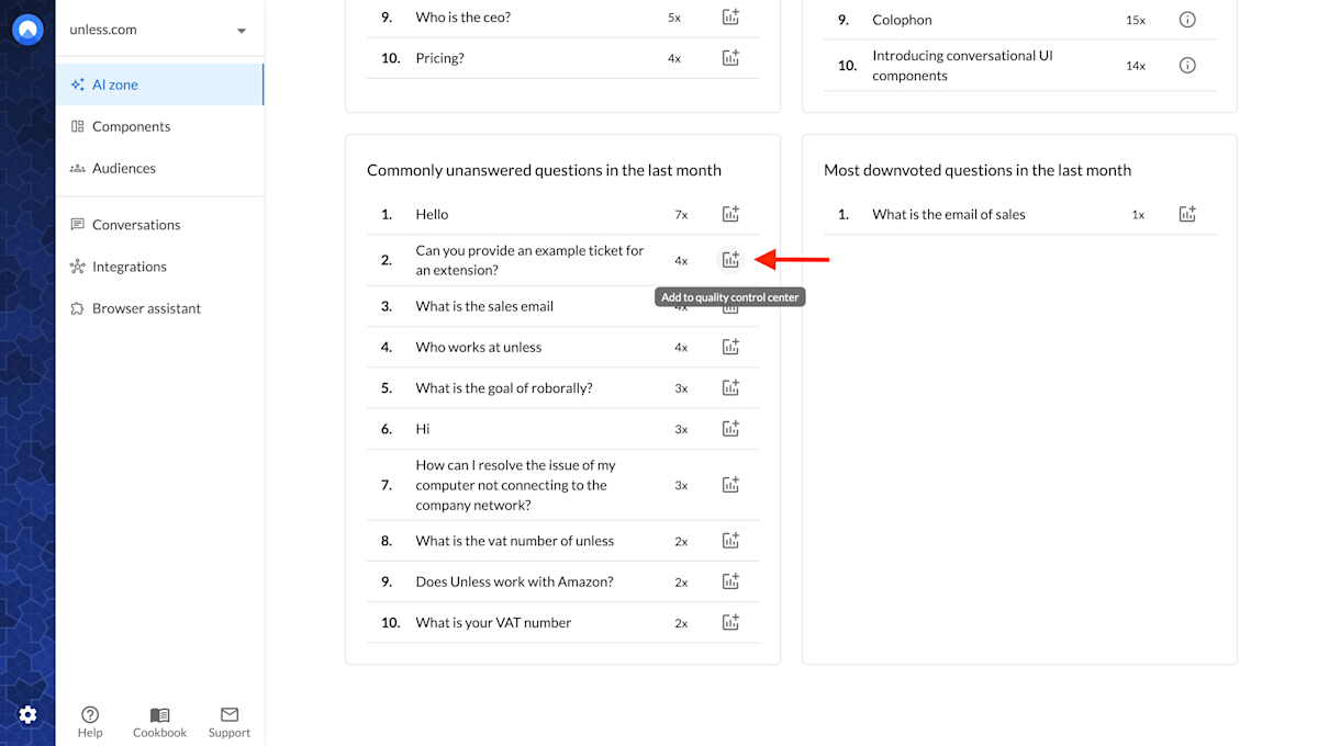 Add commonly unanswered questions to the quality control center