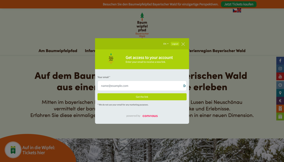 My account component on the Baumwipfelpfad website, a Convious partner