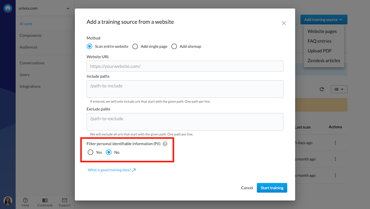 Filter personal identifiable information (PII) when adding a training source