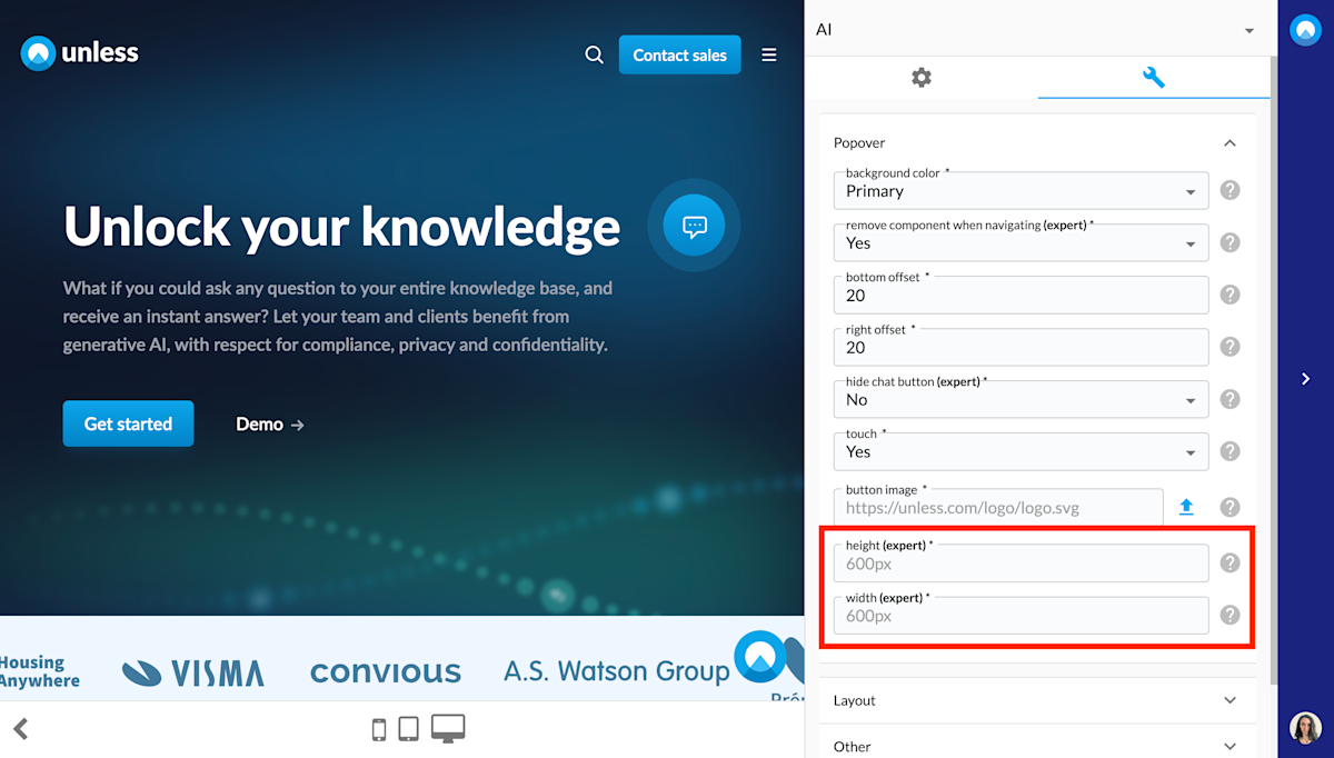 Adjusting the dimensions of the chat pop-up via expert settings