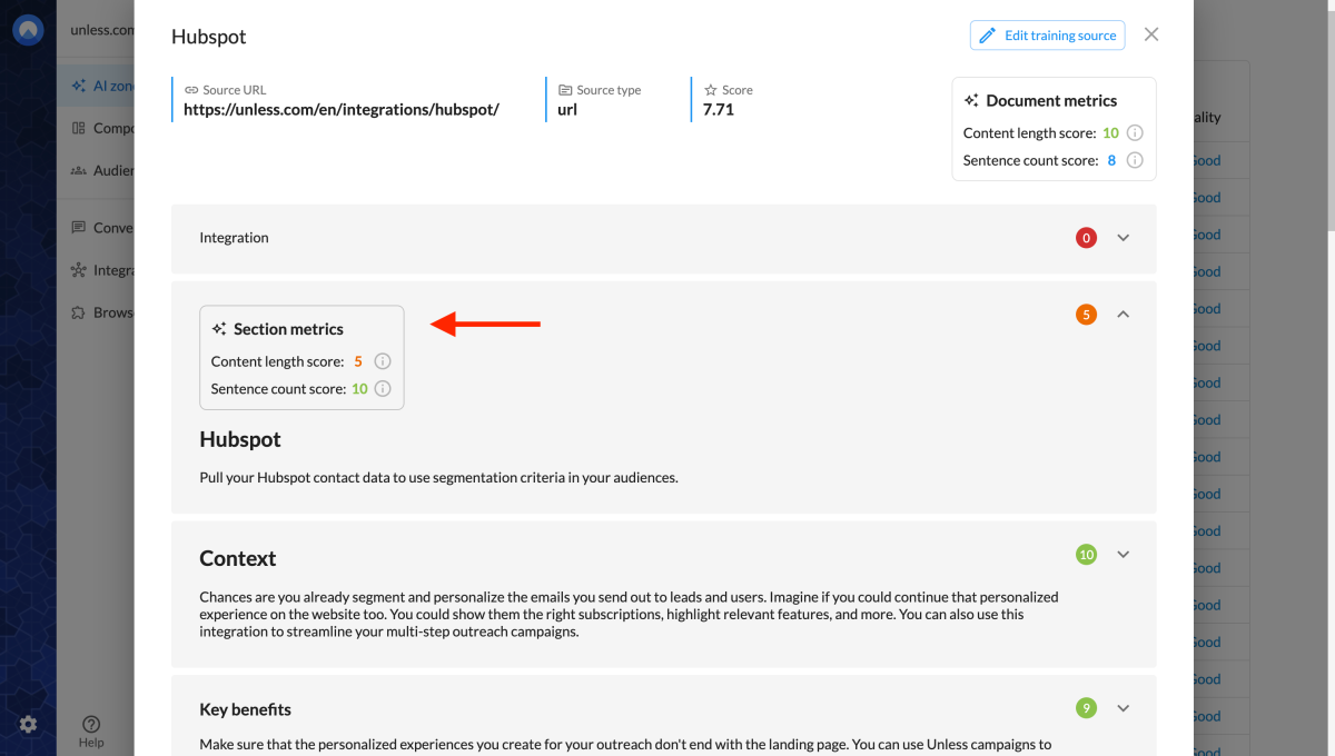 Section metrics that factor into its quality score