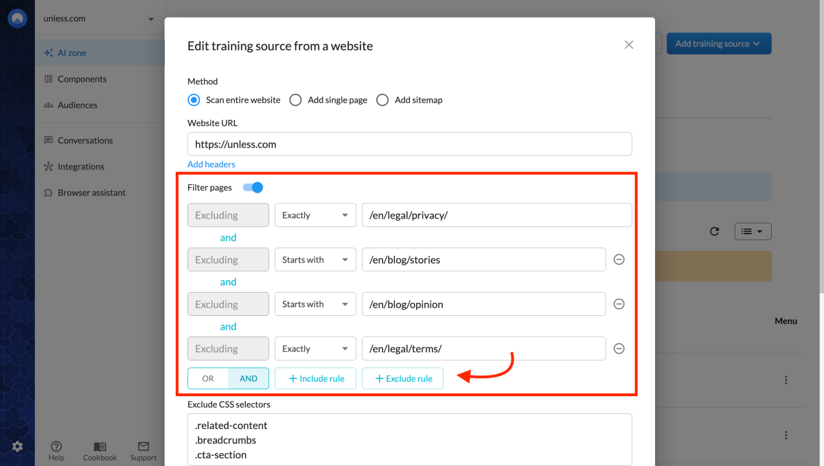 Filtering pages when ingesting a website using the include/exclude rules