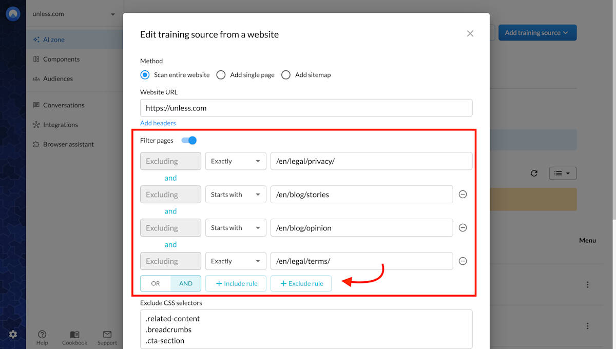 Filtering pages when ingesting a website using the include/exclude rules