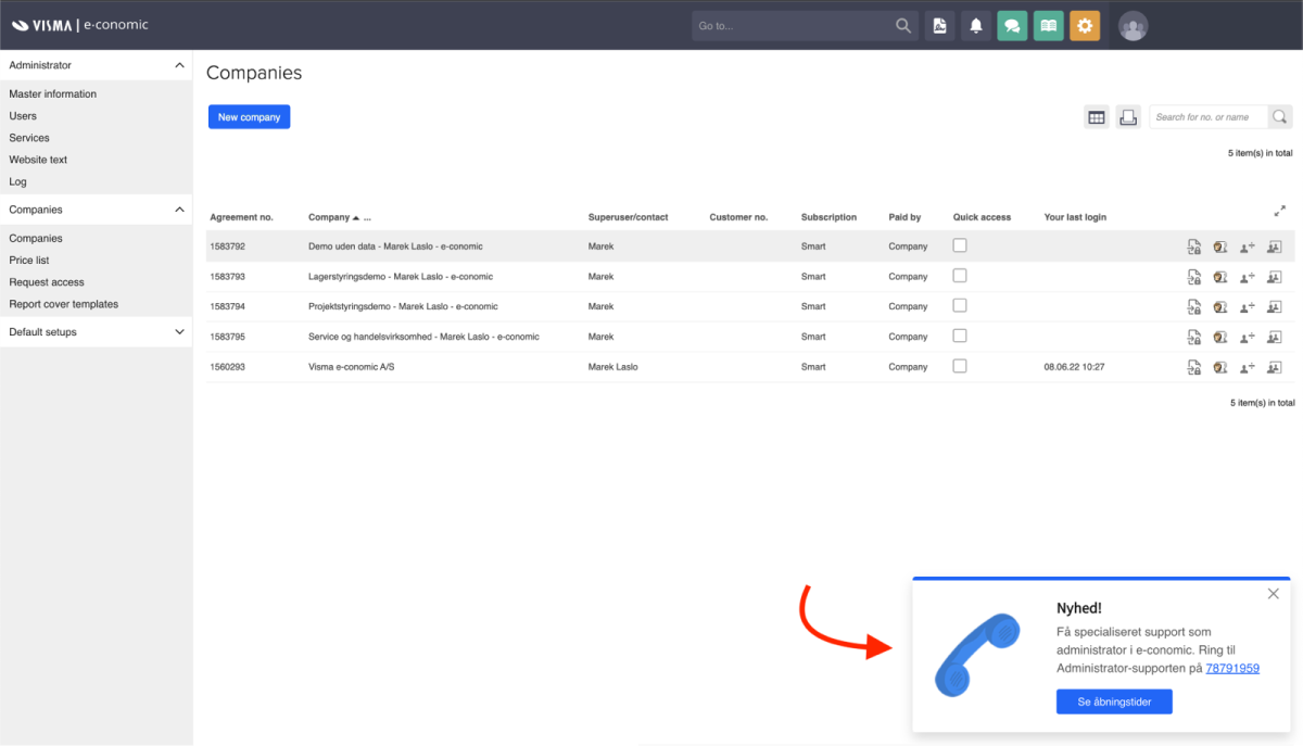 Side-box component to inform administrator users about a new specialized support number