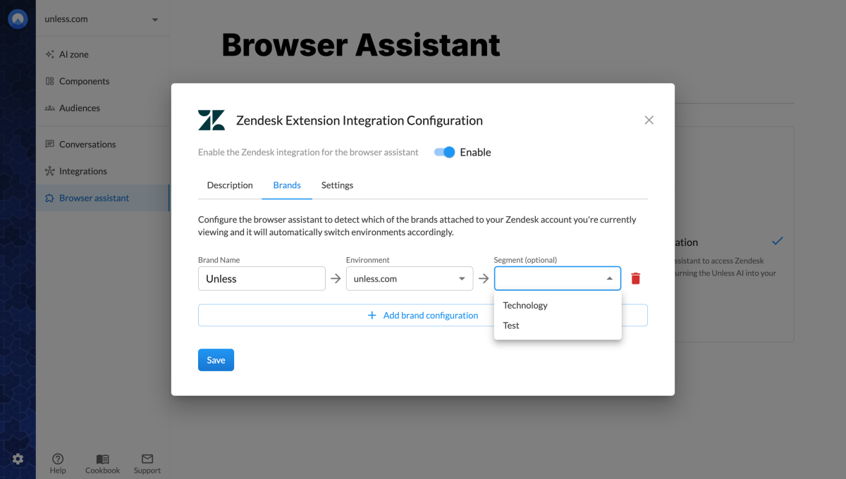 Zendesk configuration for the browser assistant