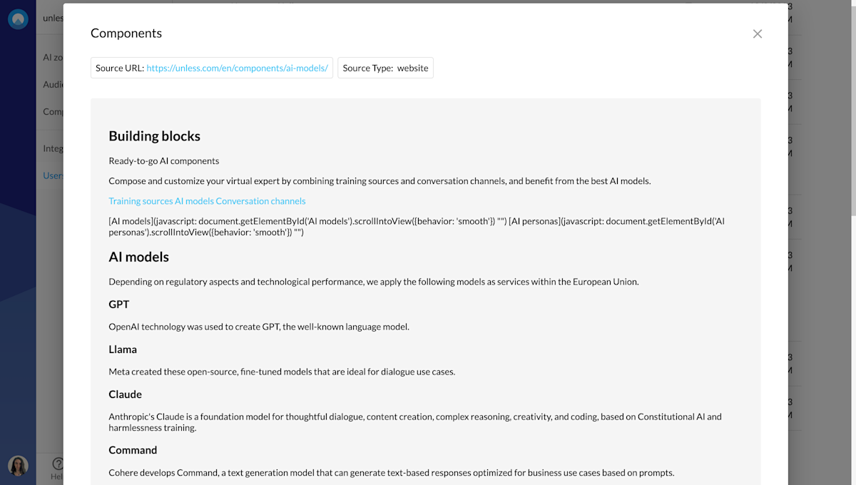 Showing the exact content that was indexed as a training source