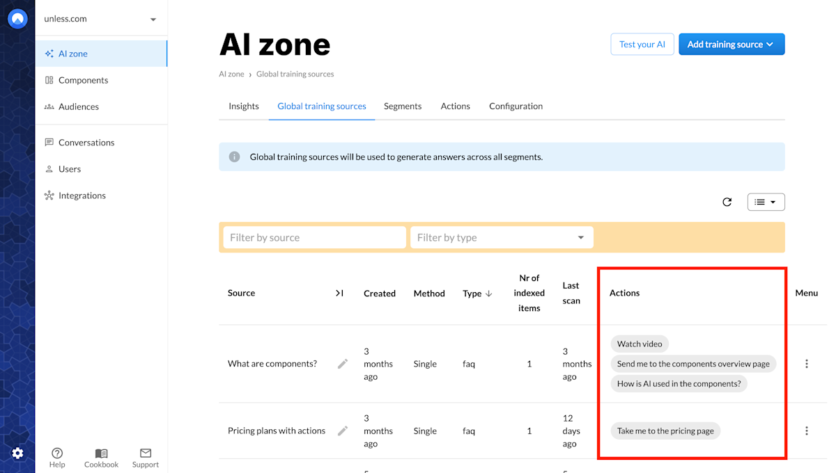 Training sources list with a view of actions that have been attached to FAQs