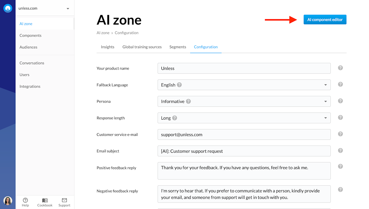Open the AI component editor