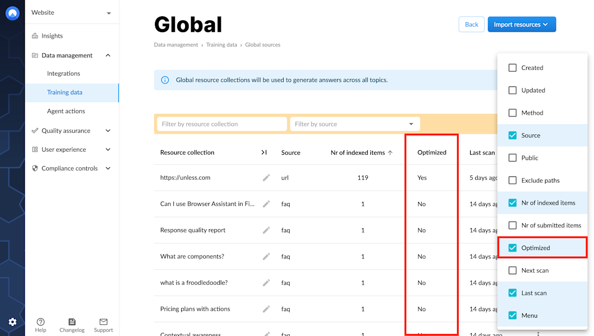 Adding the optimized column to your resource collection list view