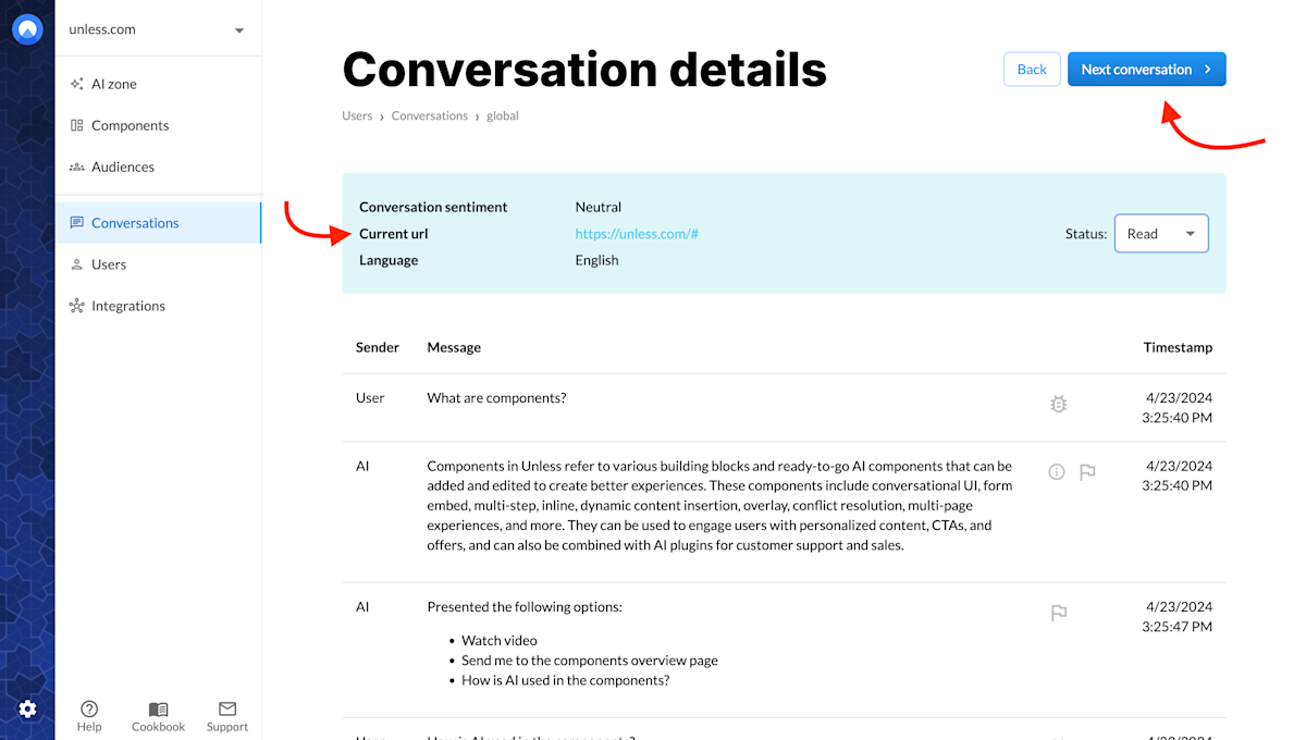 Conversation details view with two new features: Next conversation button and current URL field