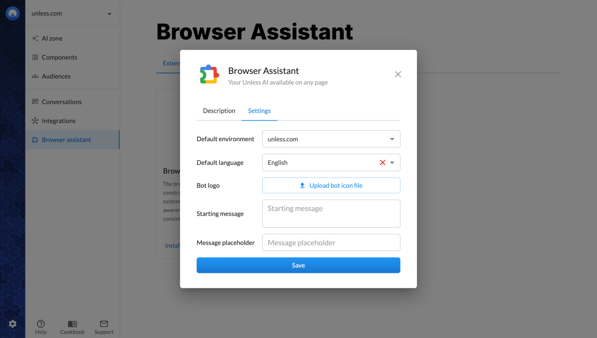 Browser assistant configuration settings