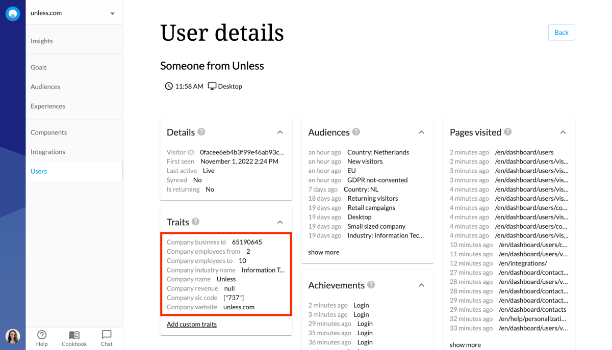 User details page with custom firmographic traits highlighted