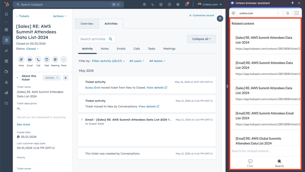 Unless browser assistant showing related content (similar tickets) to a ticket in Hubspot