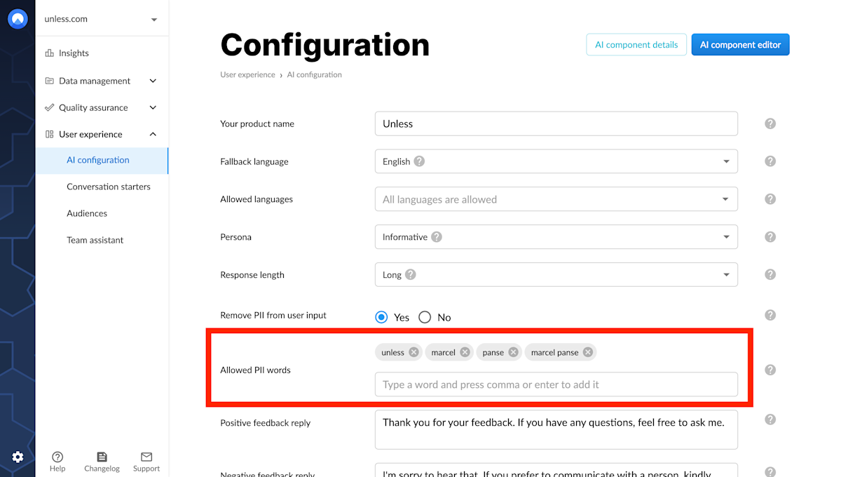 Allowed PII words field in AI configuration