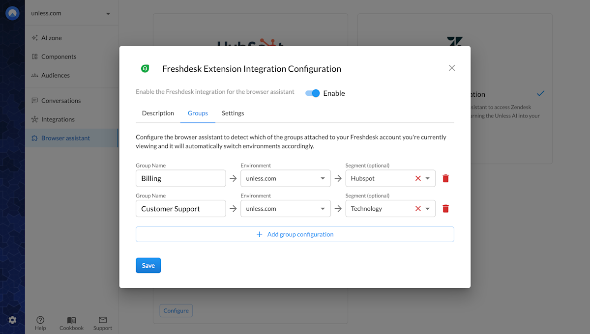 Freshdesk configuration for the browser assistant
