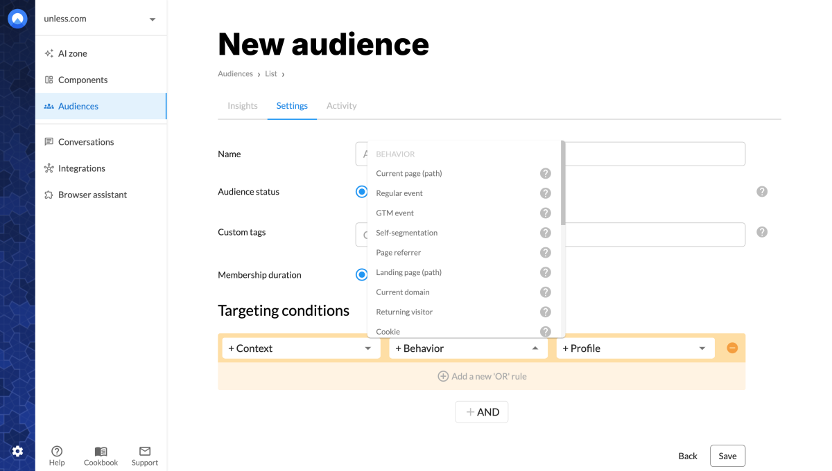 Behavior based audience settings