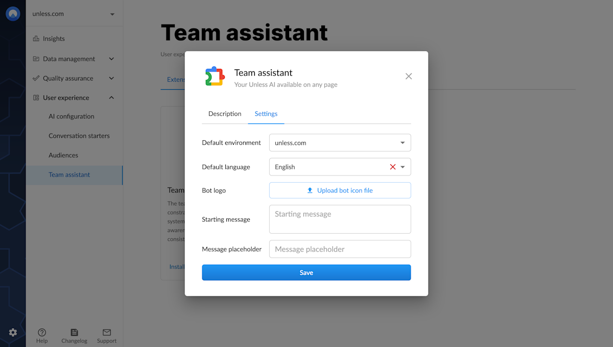 Team assistant configuration settings