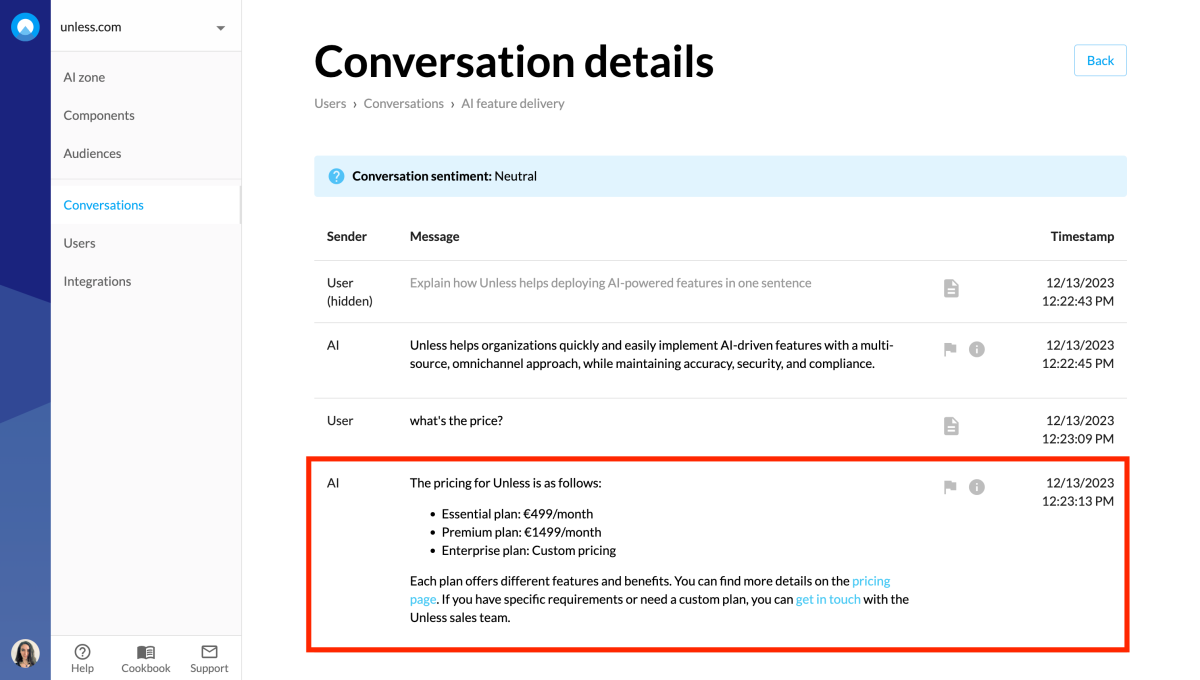 Conversation details page with responses in markdown