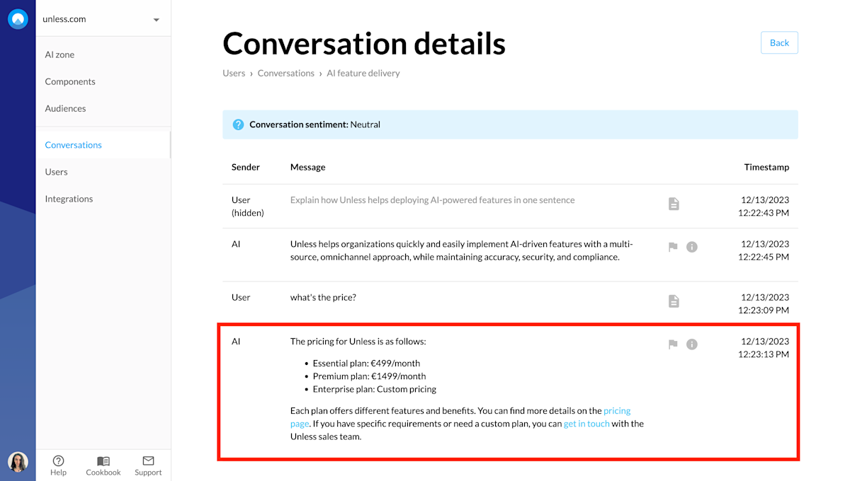 Conversation details page with responses in markdown