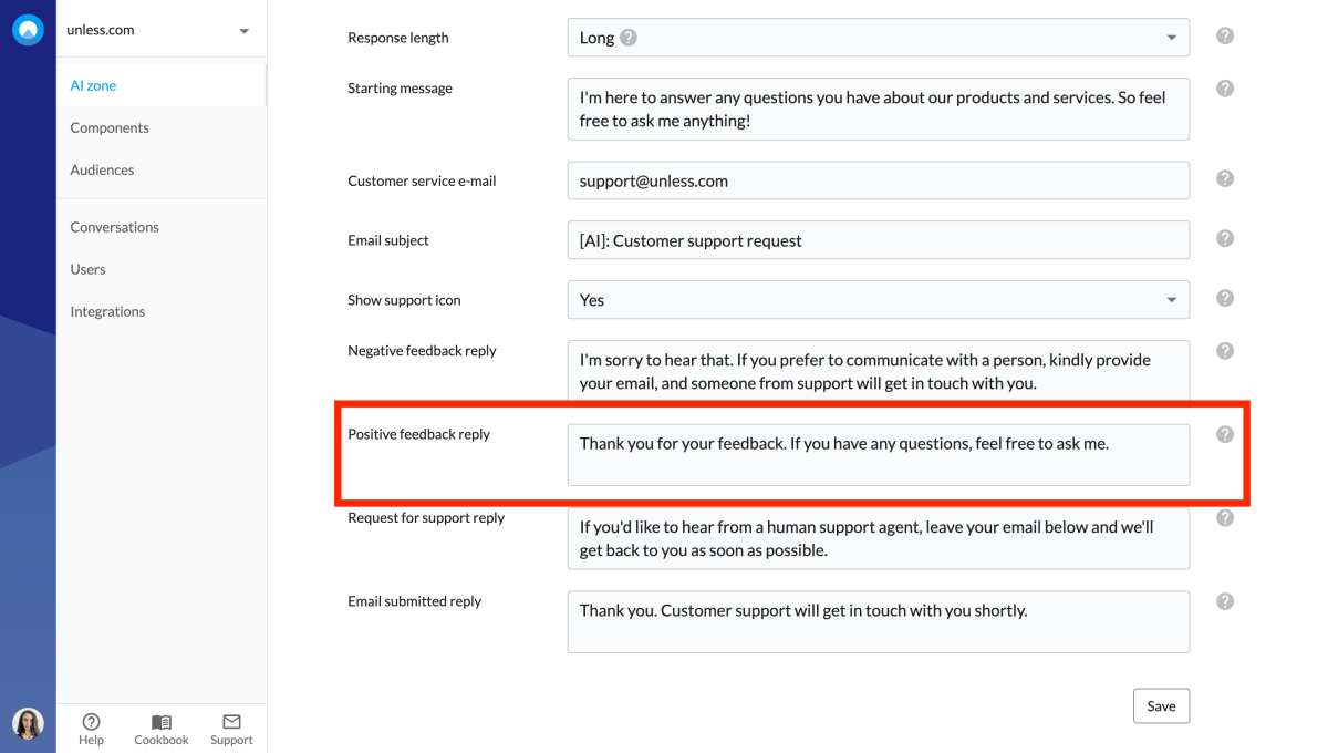 Positive feedback reply field in the Configuration tab