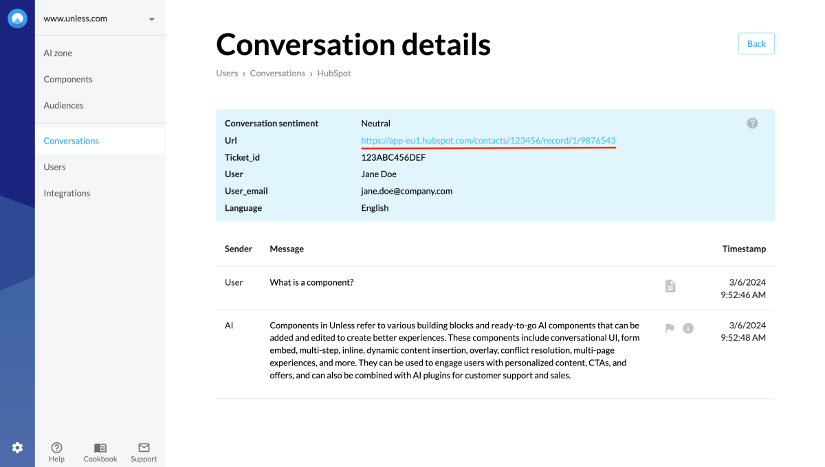 Conversation detail view with clickable URL