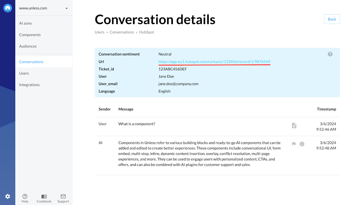 Conversation detail view with clickable URL