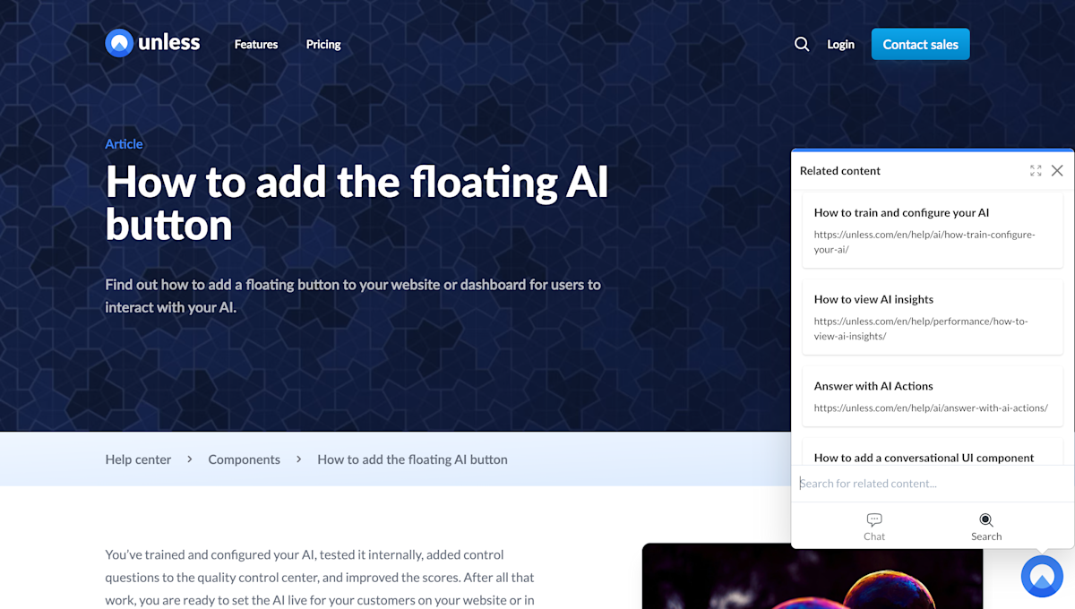 Search tab example from the Unless website