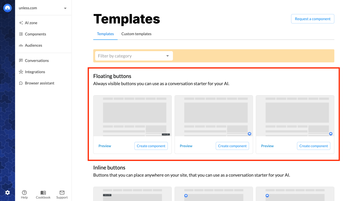 Floating button options in the components tab of your Unless dashboard