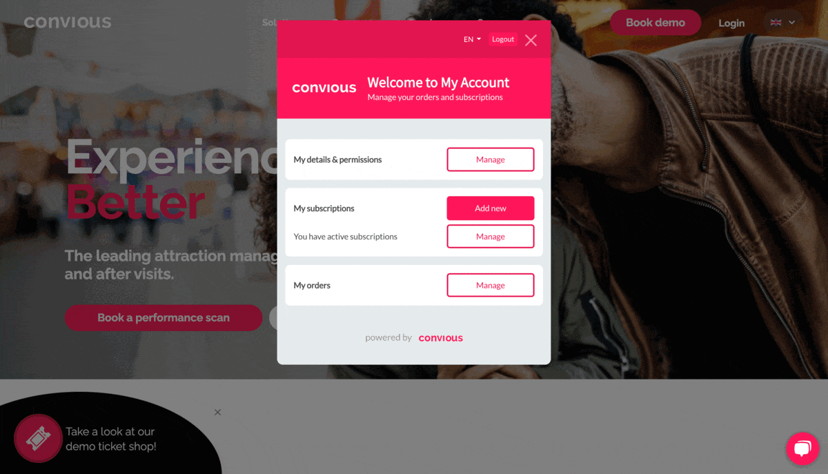 Convious My Account component features