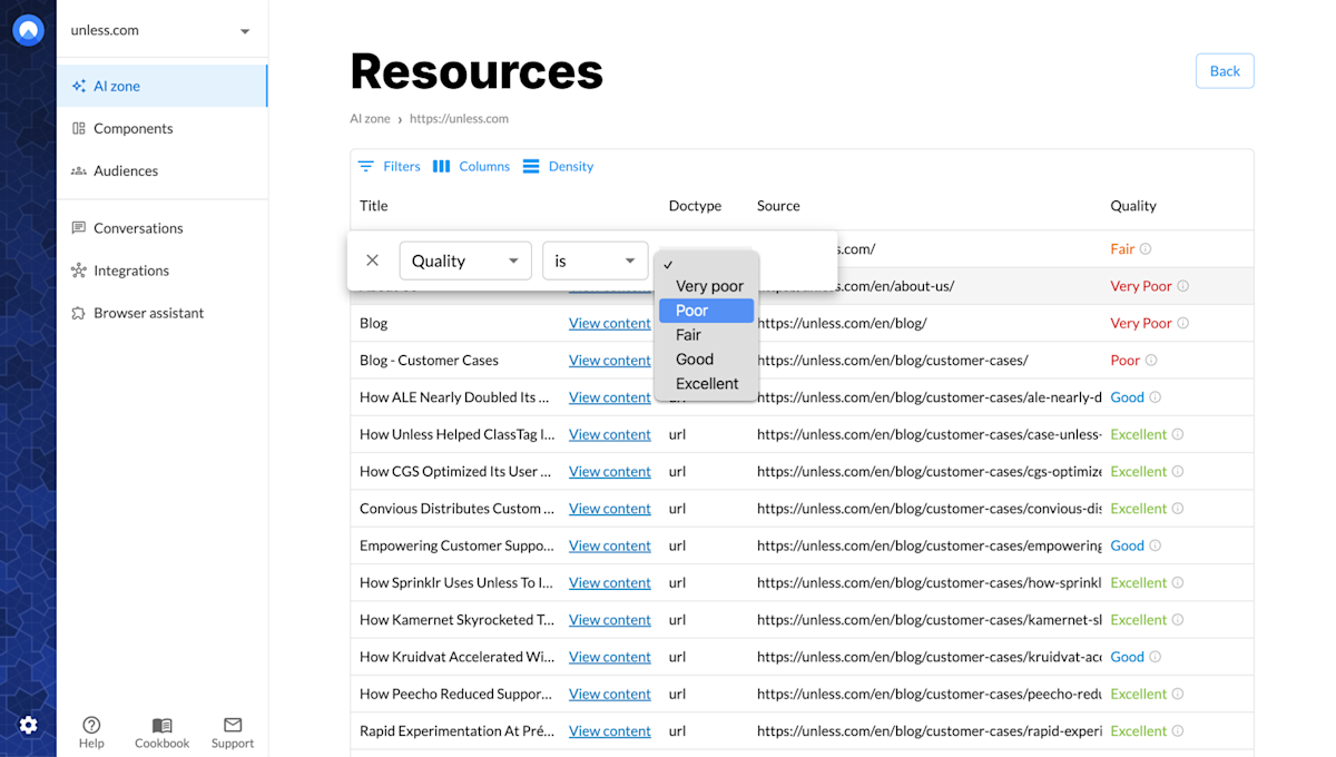 Filter your sources based on quality score to troubleshoot more easily