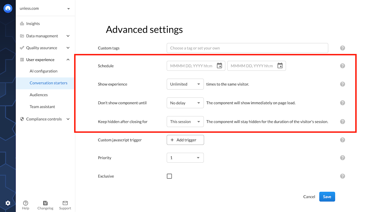 Conversation starter advanced settings