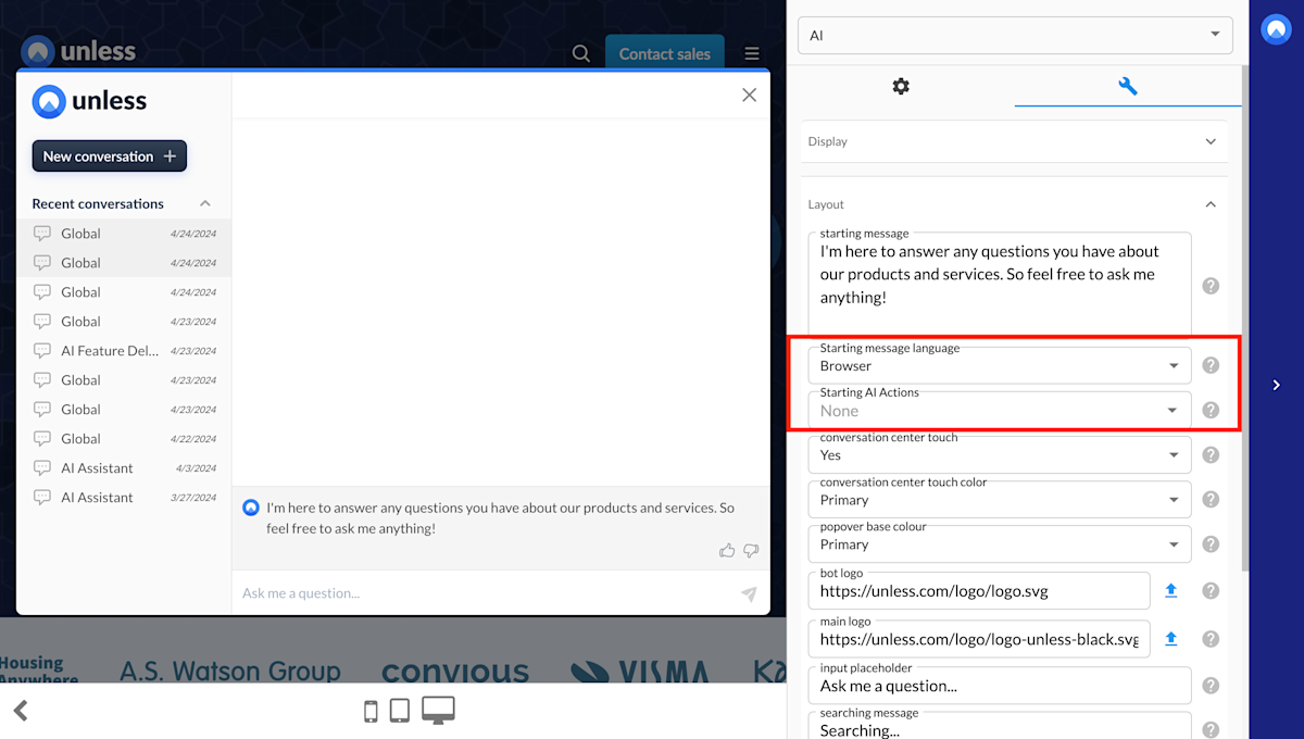 Two new features highlighted in the editor side-panel: Starting language and starting actions
