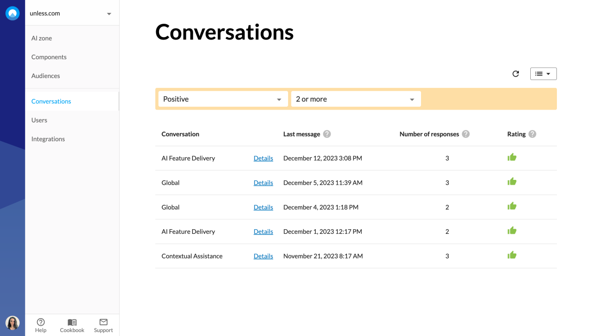 Conversations filtered for positive and with 2 or more responses