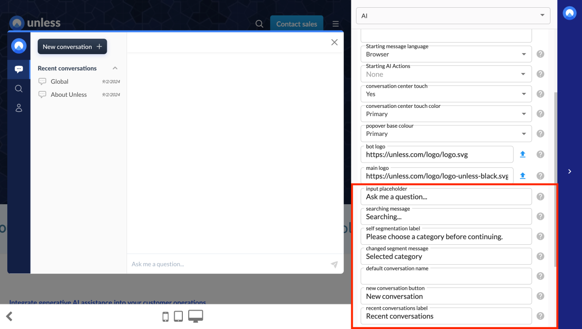 Input fields for buttons, labels, and placeholders in the AI editor