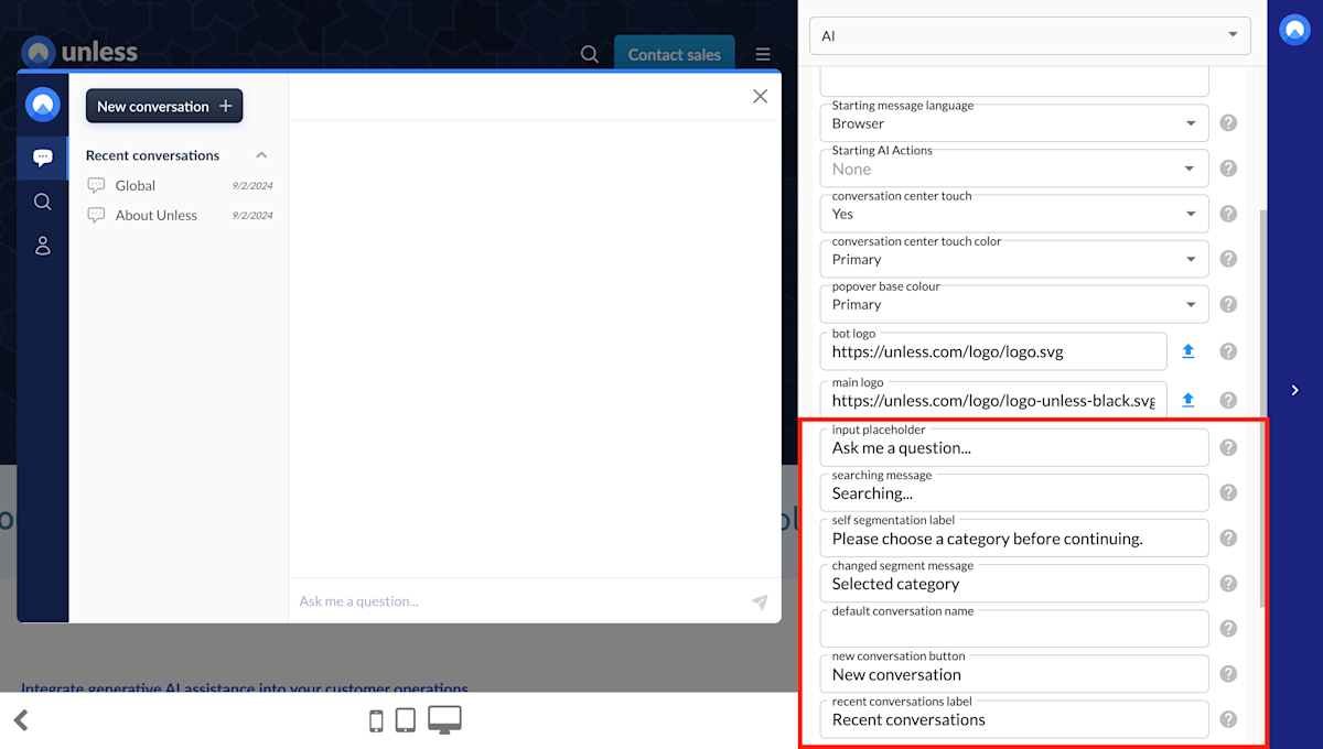 Input fields for buttons, labels, and placeholders in the AI editor