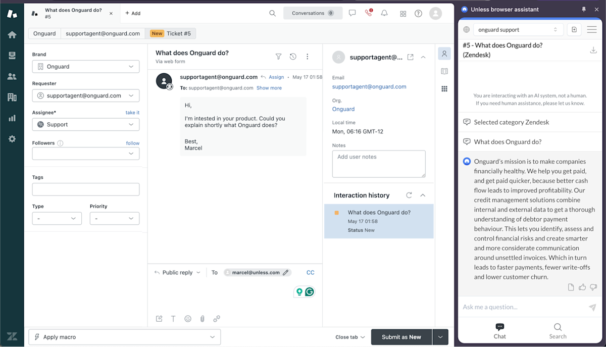 Sample ticket in Zendesk along with the Unless team assistant