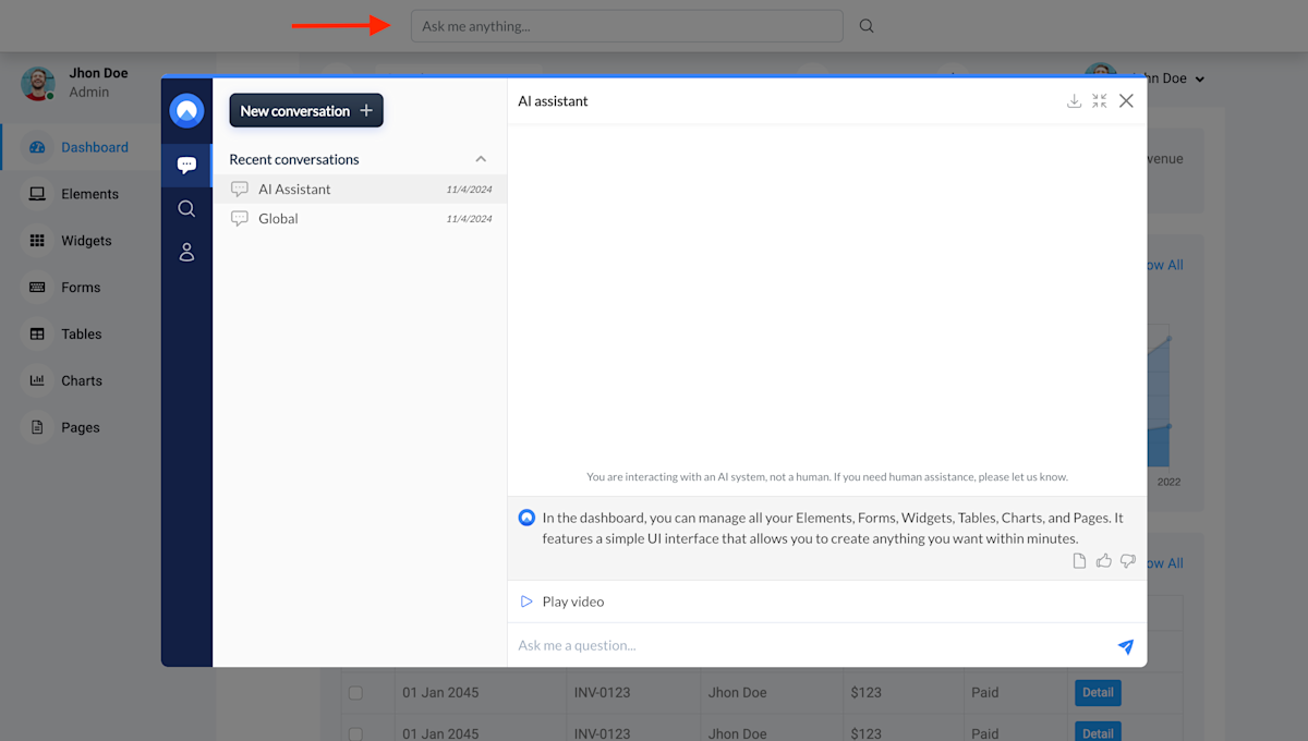 Search bar that opens up the conversation center overlay