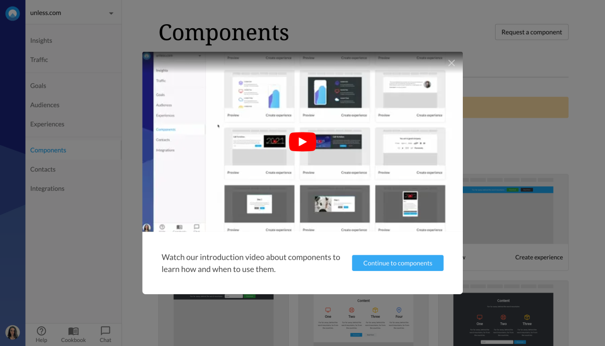 Pop-up with an introductory video about components