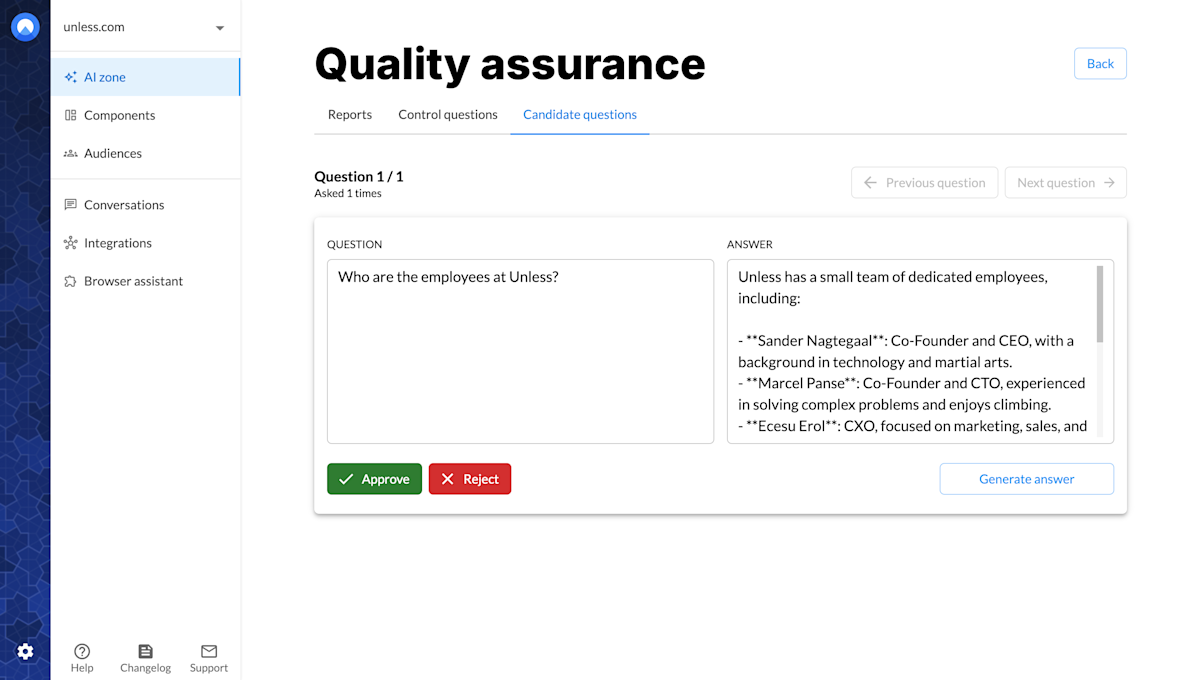 Review candidate questions (accept or reject questions and generate answers)