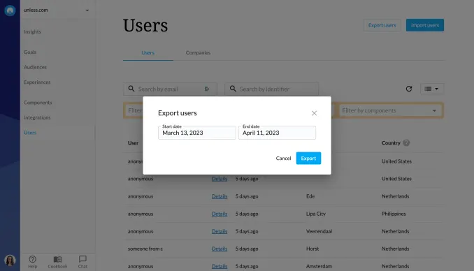 Exporting users with a selected date range
