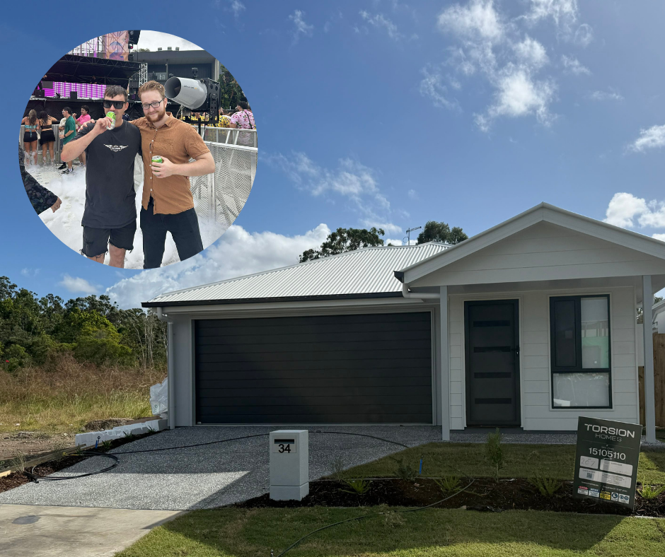 Photo: Supplied. First-home buyers and best mates, Dylan and Tariq, and their newly-built property in Queensland.