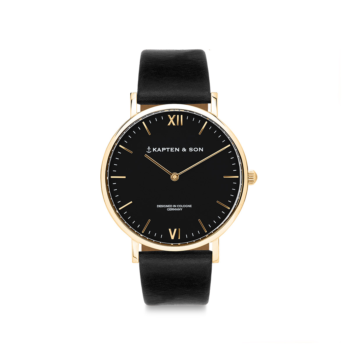 black leather strap gold watch