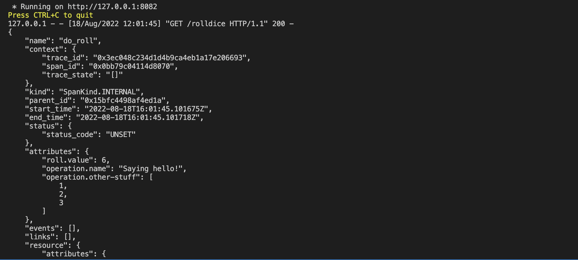 Screen capture of Python server output after client call