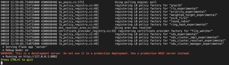 Screen captuere of Python server app sample output with gRPC debug